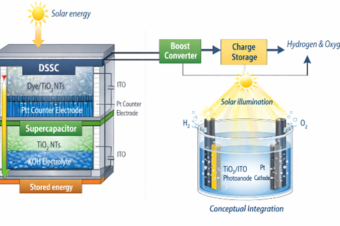 Integrated TiO₂ nanotube DSSC–Supercapacitor platform for solar-to-hydrogen systems